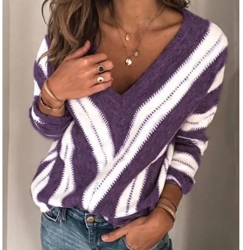 Women Spring Autumn Shirt Deep V Striped Blouse Knitwear Tops Casual Long Sleeve Shirt Jumper Pull 