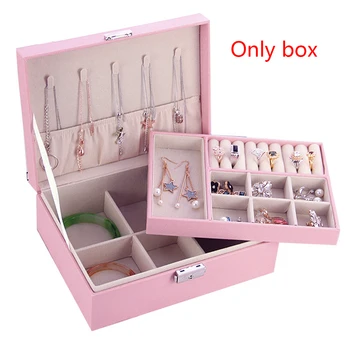 

Holder Compartments Ring Necklace Home Earrings Double Layer Storage Case Women Jewelry Box PU Leather With Lock Display Solid