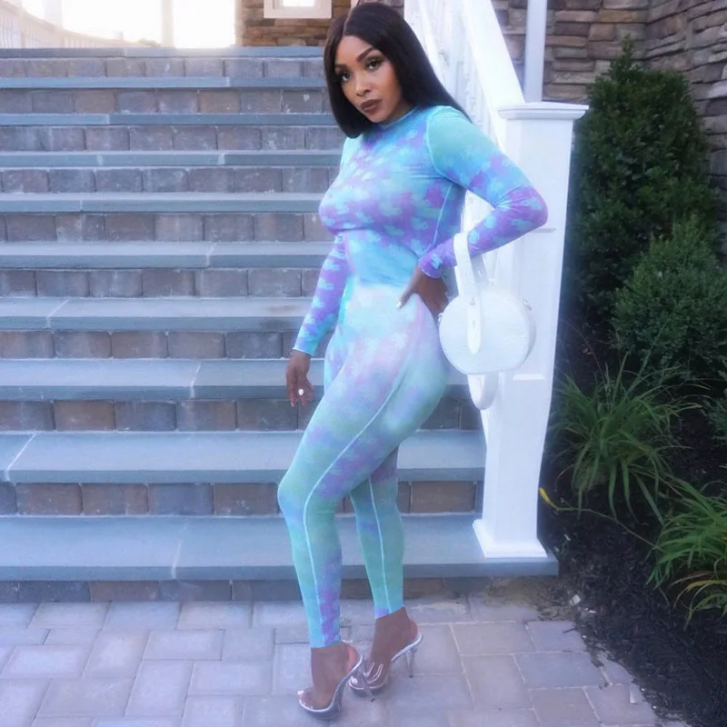 

2020 Lady Jumpsuit Tie Dye Print Long Jumpsuits Party Rompers Jumpsuits One Piece Long Sleeve Overalls Bodycon Playsuits