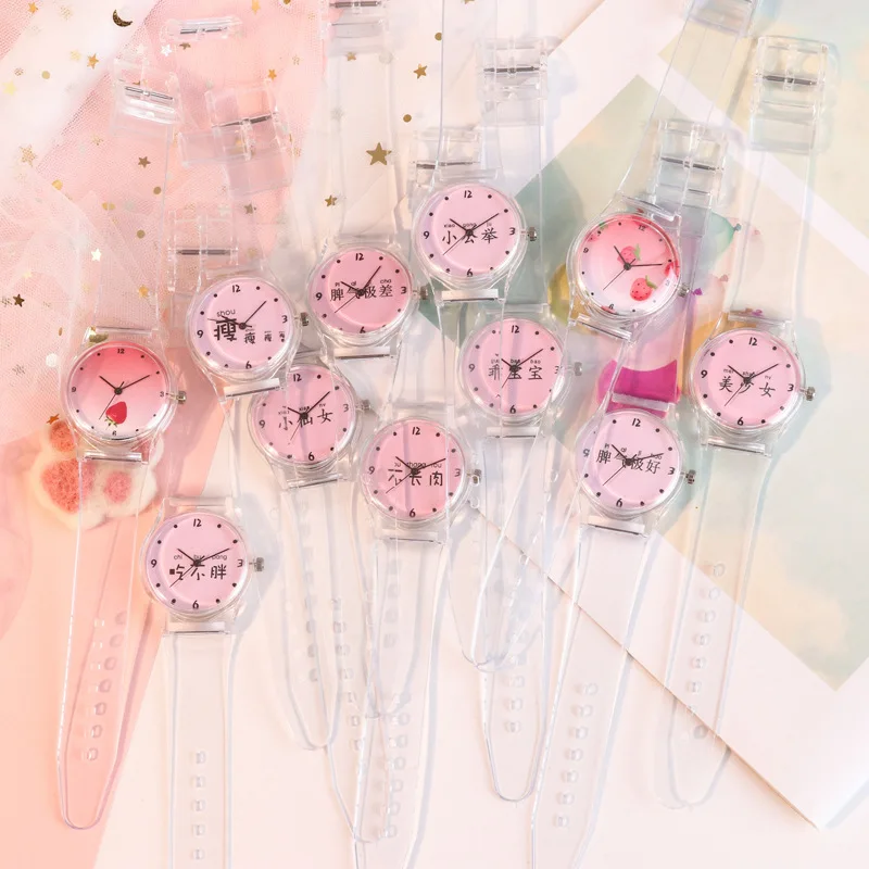 

To Fight a Lot of Hot Selling Japanese Korean Pink GIRL'S Heart Personalized Text Watch Transparent Watch Strap Students Watch M