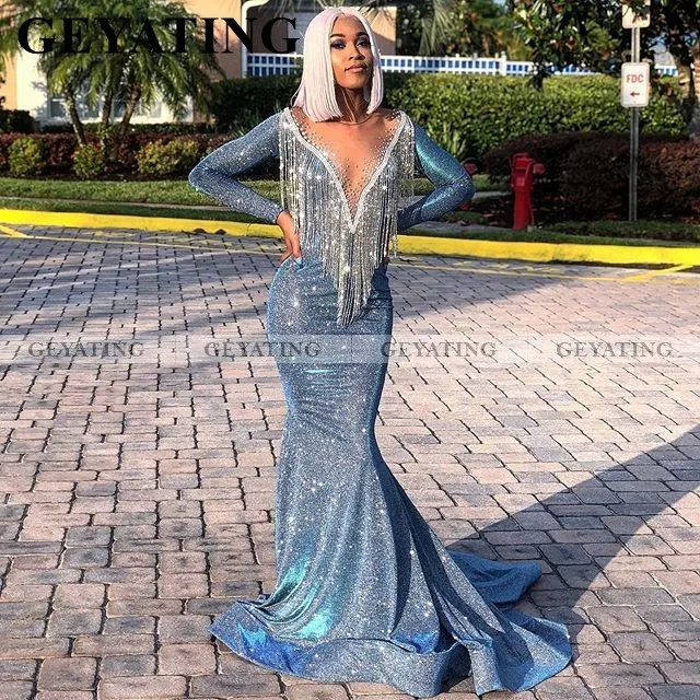 Блестящее синее платье с длинным рукавом русалки для выпускного вечера черных