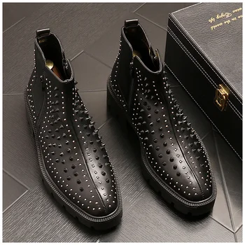 

famous brand men designer fashion chelsea boots genuine leather rivets shoes punk nightclub dress platform ankle boot zapatos