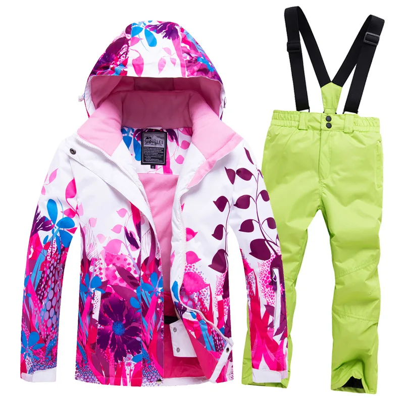 Г. Флисовая детская Лыжная одежда с капюшоном лыжные костюмы для сноуборда, куртка для девочек, штаны детские зимние комплекты Спортивная одежда для девочек до-30 - Цвет: Зеленый