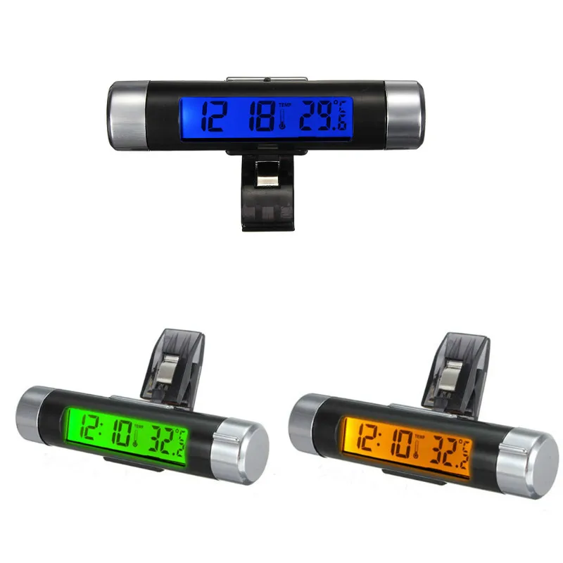 

2in1 Car Auto LCD Clip-on Digital Temperature Thermometer Clock Calendar Automotive Blue Backlight Clock