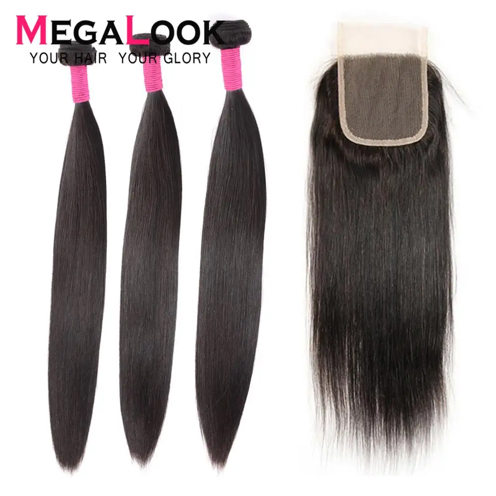 4 пучка с закрытием бразильские прямые волосы пучки 3 человеческие Remy Megalook |