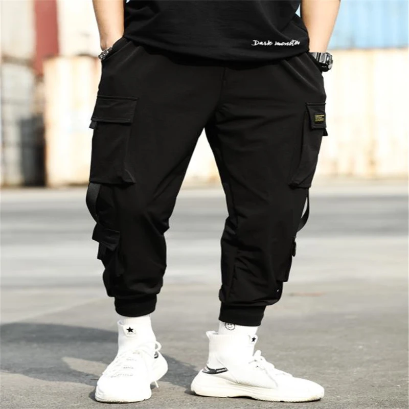 Весенние мужские черные штаны-шаровары в стиле хип-хоп с несколькими карманами и лентами, мужские спортивные штаны, уличная одежда, повседневные мужские штаны, 3XL