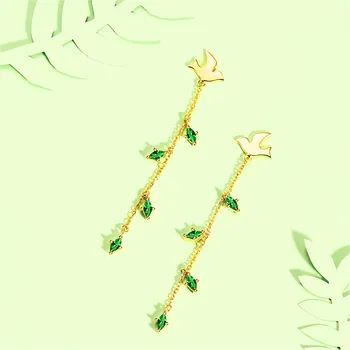 

Sterling Bird Earrings Women Crystal Green Zircon Leaves Ladies Long Stud Earrings Jewelry Peace Dove Piercing Oreja