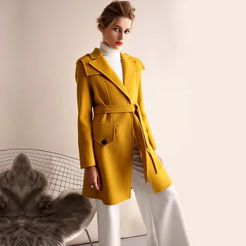 

Women High Street Fashion Turn Down Collar Button Pockets Mideum Long Cashmere Woolen Coat With Belt Female Elegant Wool Outwear