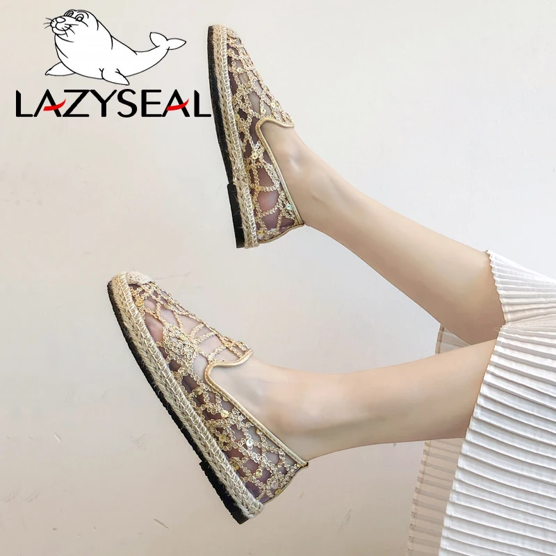LazySeal/воздухопроницаемые тапочки из сетчатого материала; Осенняя женская обувь; обувь на плоской подошве из конопли; женские туфли без задника на шнуровке; женские шлепанцы с круглым носком