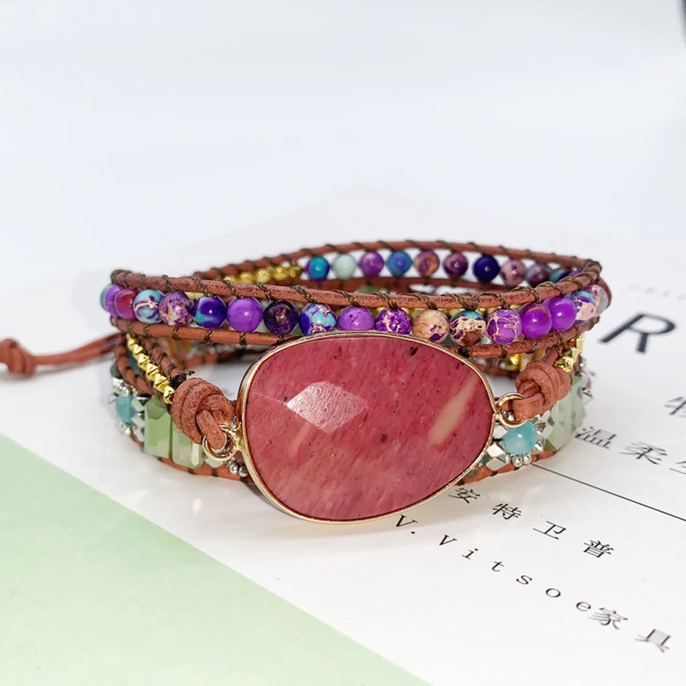 3Layers Black Leather Woven Wrap Bracelet Natural Emperor Stone Crystal Big Rhodochrosite Charm Bracelets Vintage Femme Jewelry