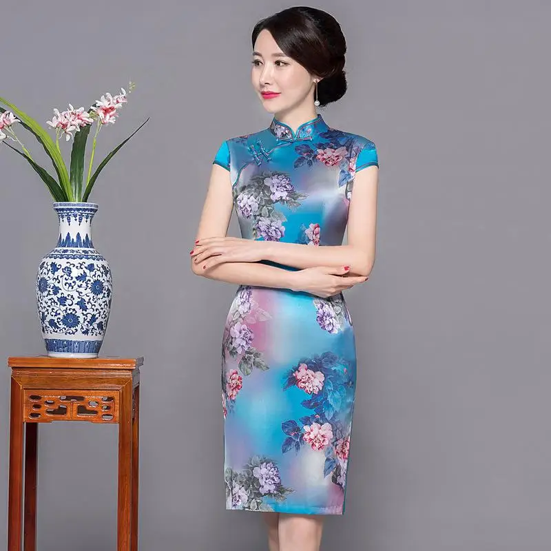 Сексуальное китайское традиционное вечернее платье Qipao с коротким рукавом и высоким разрезом, китайский женский халат со стоячим воротником, с цветочным принтом, большие размеры 3XL - Цвет: Colour 12