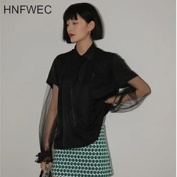 

2020 Spring Summer New Arrivals Square Collar Flare Sleeve Solid Pattern Women Casual Hollow Out Mesh Shrit T560