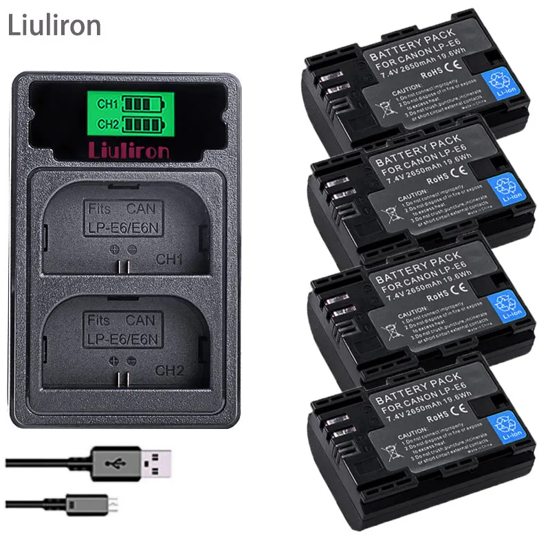 4 шт. 2650 мА/ч LP-E6 LP E6 lpe6 Батарея + светодиодный Dual USB Зарядное устройство для