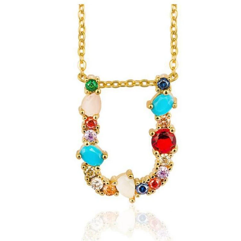 1 шт. модный золотого цвета Micro Pave Rainbow CZ кубический цирконий A-Z инициалы буквенные ожерелья с подвесками для женщин ювелирные изделия - Окраска металла: U