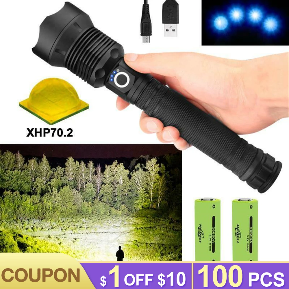 

50000 Lumens XLamp xhp70.2 Most Powerful Flashlight USB Zoom Led Torch xhp70 xhp50 18650 Rechargeable Battery Hunting Camping