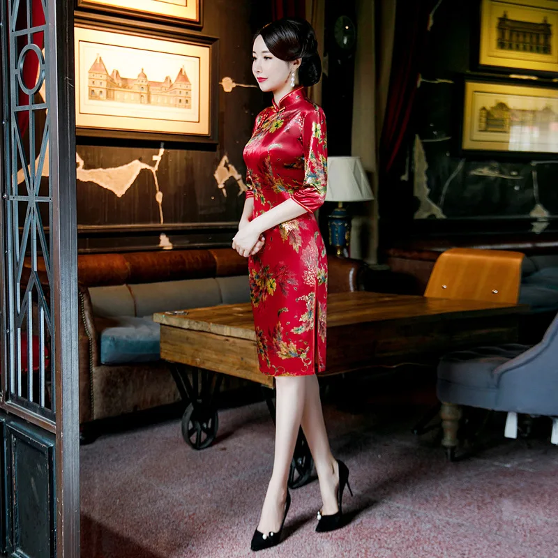 Традиционный, для китаянок платье Cheongsam тонкий сексуальный принт Ципао китайское свадебное платье Vestidos Размеры M-4XL