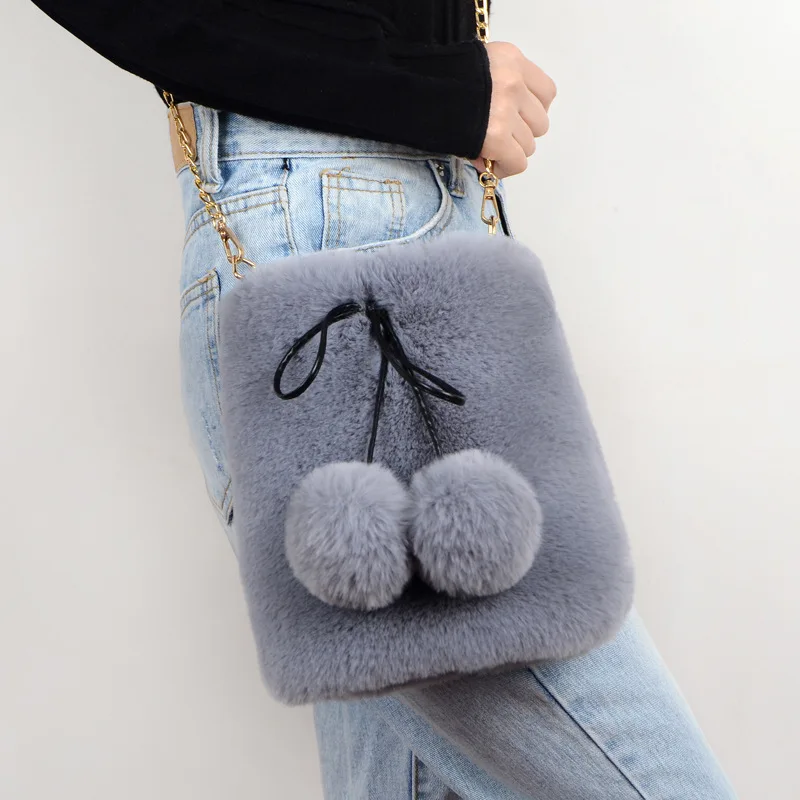 

2019 shoulder bag female bag Korean version of the diagonal cross plush diagonal bag rabbit fur ball tassel imitation fur bag 23