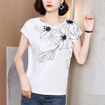 

Women's round neck printed cotton loose short sleeve T-shirt new