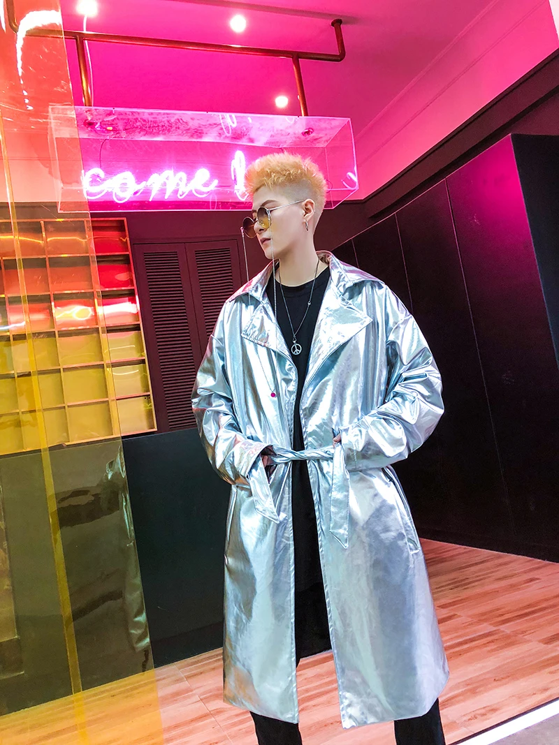 

Autumn Men Fashion Casual Long Slim Fit Shiny Jacket Male Hip Hop Dancer Singer Stage Costume Custom Made Trench Coat Homme