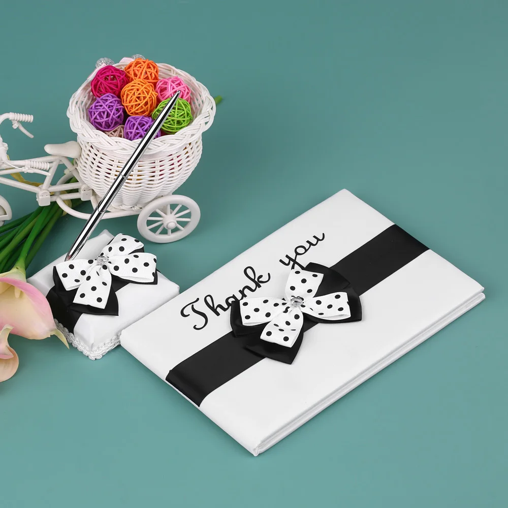 

Satin Wedding Guest Signature Book for Bridal Pen Stand with Bowknot Decoration Wedding Guest Sigh Book for Wedding Decoration