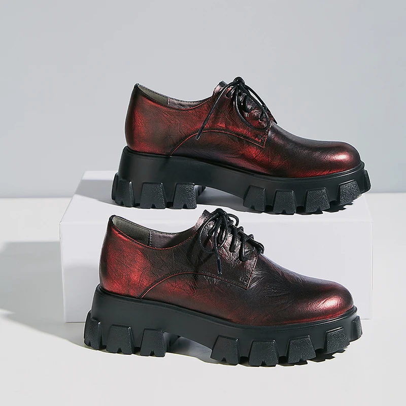 Women's genuine leather thick sole platform flats lace-up oxfords leisure punk female soft comfortable brogues student shoes hot