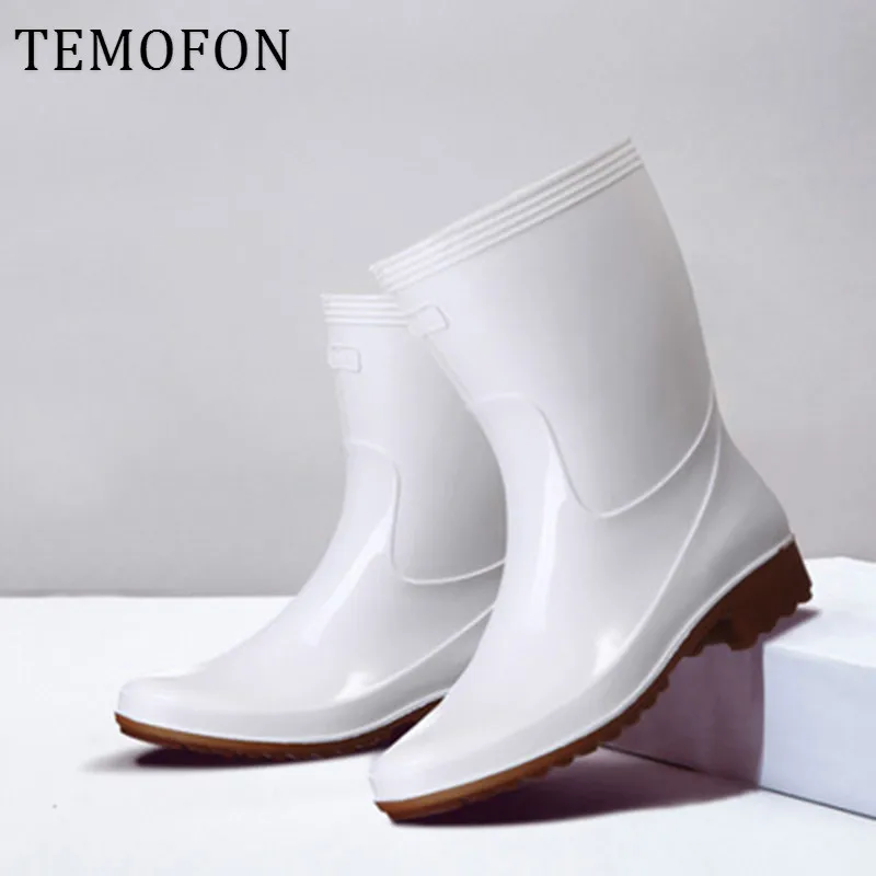 

Rain Boots Women Rubber Waterproof Work Mid Calf Boots Slip On Casual Shoes Ladies Rain Shoes Women Botine Femme 2019 HVT557