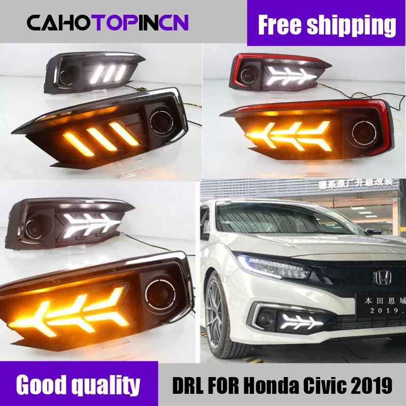 

1Pair LED DRL for Honda Civic 2019 2020 sedan with moving signal led fog lamp cover daytime running light with Fog Lamp hole