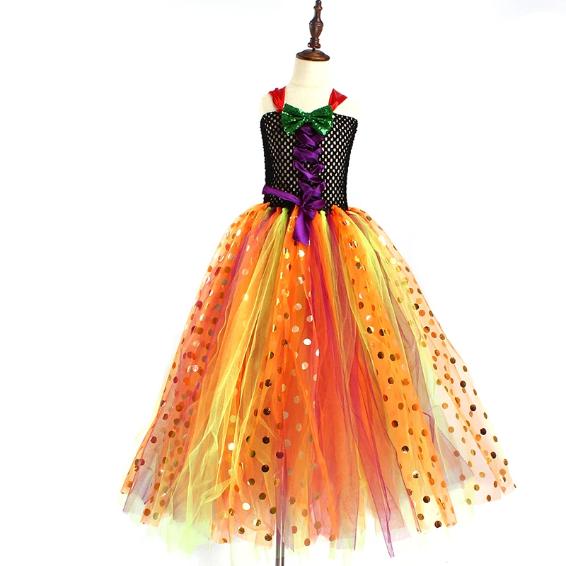 Pumpkin Witch Girls Fancy Tutu Dress with Headband Dress Up Halloween Kids Girls Jack o Lantern Party Clothes Glimmer Gown Dress