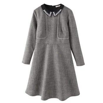 

EC.MS Dress Manual Beads Collar Houndstooth Office Lady Mini Dresses