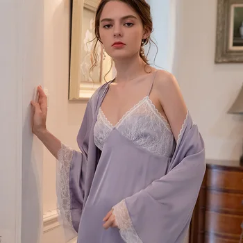 

2pc Set Nightwear Autumn Winter Sexy Sling Nightdress Lace Stitching With Chest Pad Silk Sleepwear New Solid Color Sleep Robe
