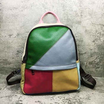 

Johnature Color Matching Women Bag 2020 New Retro First Layer Cow Leather Backpack Large Capacity Leisure Female Travel Bags