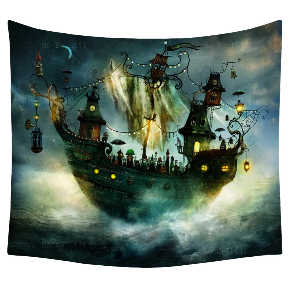 Fancy World Flying Boat Old Ship Ocean Sunrise Sailing Tempest Rain Lightning Tapestry By Ho Me Lili Per Indie Room Decor