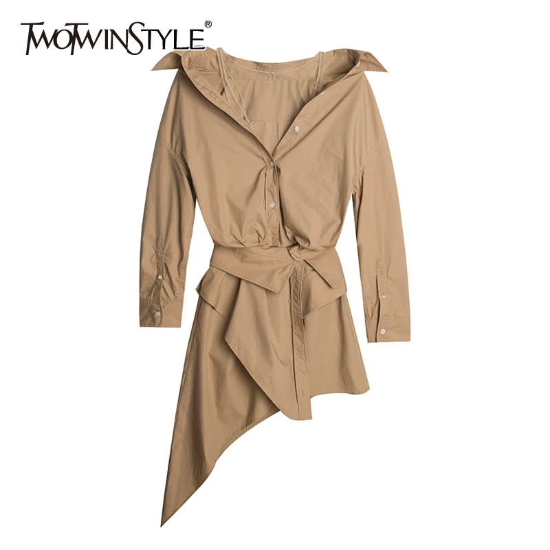 TWOTWINSTYLE Casual Asymmetrical Dress For Women V Neck Long Sleeve Tunic Mesh Irregular Hem Dresses Female 2020 Summer Fashion TWOTWINSTYLE Casual Asymmetrical Dress For Women V Neck Long Sleeve Tunic Mesh Irregular Hem Dresses Female 2020 Summer Fashion