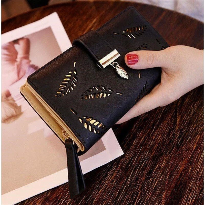 Billeteras de piel sintética para mujer, carteras largas, bolso dorado con hojas ahuecadas, monedero, tarjetero