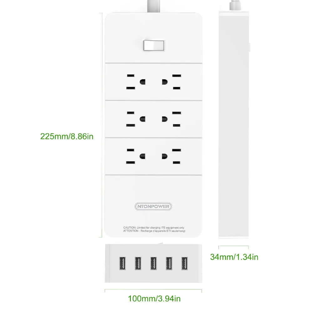 NTONPOWER HPC US Plug USB Power Socket ETL Listed with Overload Switch/ Surge Protection 8AC Outlet 5Port 2.4A Smart USB Charger