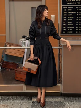 

High Quaity Brand Women's Clothing Dresses 2020 Autumn Ladies Stand Neck Color Block Stitching 3/4 Sleeve Vintage Rockabilly Dre