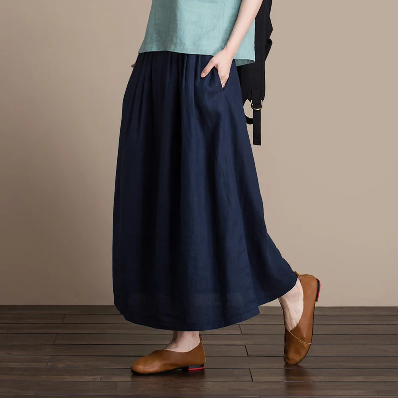 Free Shipping 2021 New Linen Fashion Long Maxi A-line Skirts For Women Elastic High Waist Summer Linen Skirts Blue beige Khaki