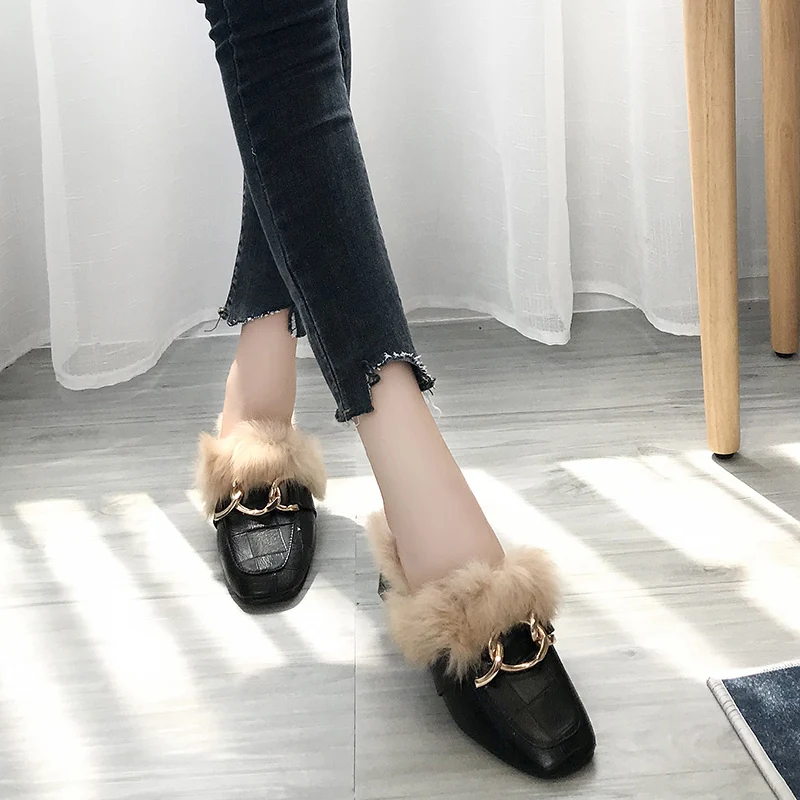 Теплые плюшевые зимние тапочки мюли женская обувь металлическая пряжка