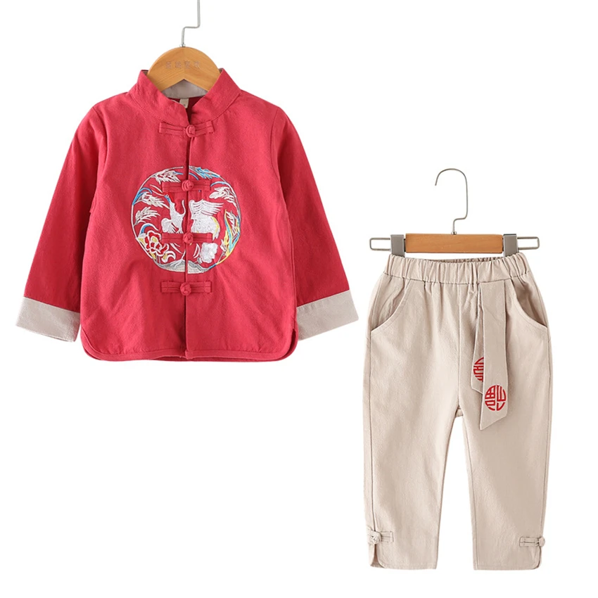 10Color New Kids Chinese Tang Suit Traditional Chinese Shirt Clothing for Baby Boys Flax Coat Kung Fu Outfit Top Pant Set
