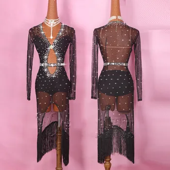 

Shiny Rhinestone Latin Dance Dress Female High-end Custom Red Elastic Mesh Gauze Sexy Rumba Latin Dresses Women Dance Clothes