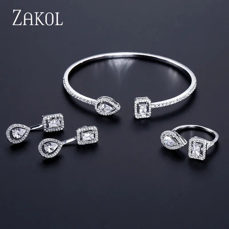 Модный дизайнерский комплект ювелирных изделий от бренда ZAKOL, серьги с чешским камнем, браслет и кольцо на запястье для женщин, помолвка, FSSP3011