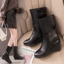 Модные однотонные ботинки на молнии с круглым носком; однотонная кожаная женская обувь на танкетке в винтажном стиле; повседневные ботинки; botas mujer