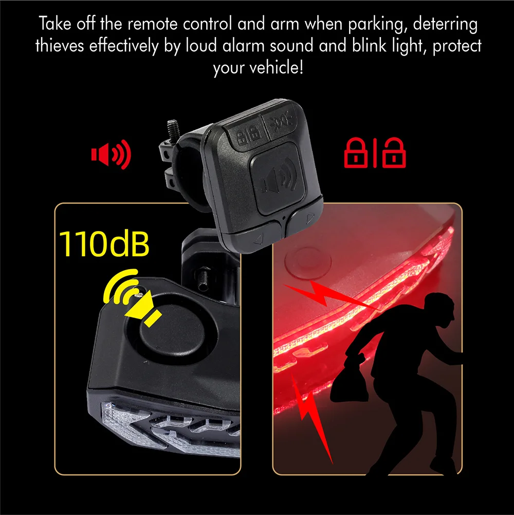 Bicycle Alarm Bicycle Rear Light Bicycle Burglar Alarm Taillight IP65 Waterproof USB Charge Scooter Bike Rear Lamp Turn Signal Warning Auto Brake Light