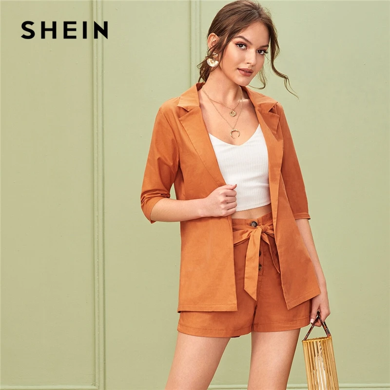 SHEIN однотонный элегантный блейзер с зазубренным вырезом и поясом костюм с шортами женская одежда осенние офисные женские комплекты из двух предметов