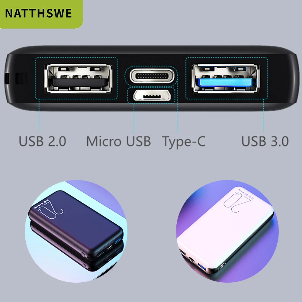 NATTHSWE 30000 мАч Внешний аккумулятор, внешний аккумулятор, USB внешний аккумулятор, портативное зарядное устройство для мобильного телефона Xiaomi iphone huawei