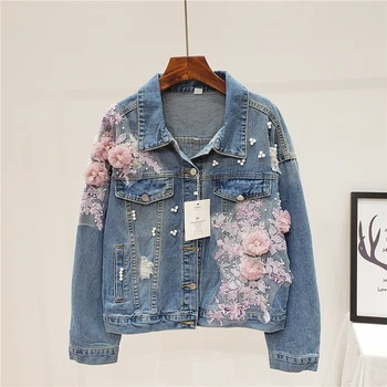 

New Spring 2020 Women's Plus size Beaded Pink 3D Flowers Embroidered Hole Denim Jacket Loose Vintage Washed Casual Jeans Jacket