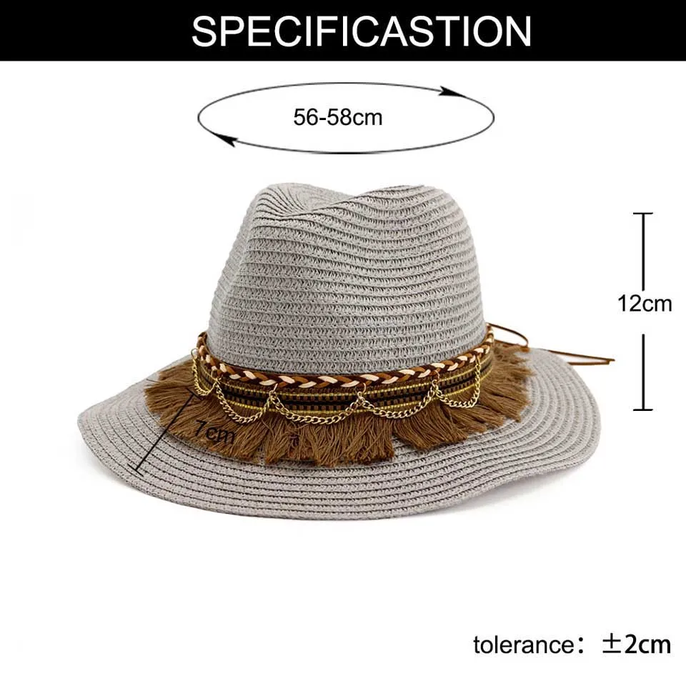 Летние шляпы от солнца для женщин Мужская пляжная соломенная шляпа Богемия Кепка для защиты от ультрафиолета Панама шляпа с кисточкой кожаный ремень Золотое ожерелье