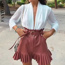 FANTOYE, винтажные плиссированные юбки с оборками из искусственной кожи, женские элегантные юбки с высокой талией, шикарные мини-юбки с поясом, Женская Сексуальная короткая юбка