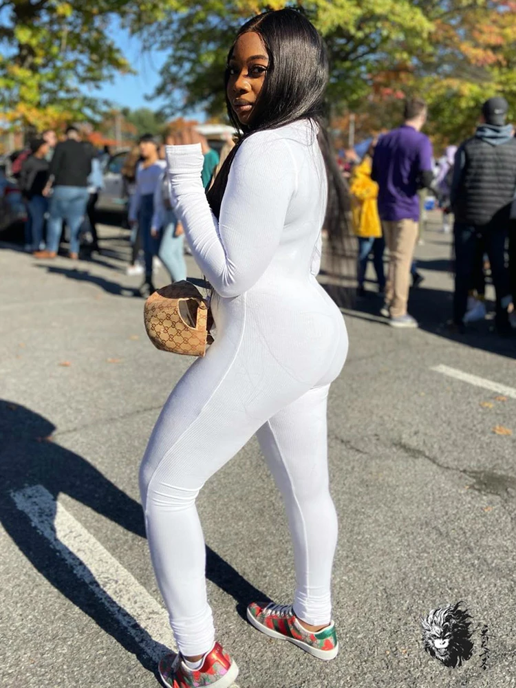 Winter White Kyliejenner Jumpsuits Cotton Rib Jumpsuit Zipper Snow White Stretch Long Sleeves Thumbhole Cuff Rompers