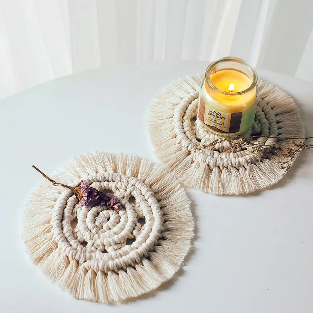 

1pc Northern Europe Macrame Cup Pad Bohemia Tablecloth Table Mat Pure Handmade Cotton Braid Non-slip Insulation Mats For Kitchen